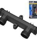 Sensor valve body for hot-water recirculation systems; gray plastic with dual hose-thread inlets/outlets and mounting tab.