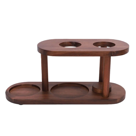 Snag This Fresh Solid Wood Pour Over Coffee Station To Level Up Your Daily Brew Game Featuring An Elevated Brewing Platform And Rock Solid Display Rack For Prime Home Office Vibes - brown wood coffee stand with two circular dripper holes.