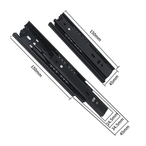 2 Pack 6 Inch Drawer Slides Heavy Duty Concealed Bottom Mount Cabinet Hardware shown with dimensions for kitchen storage.
