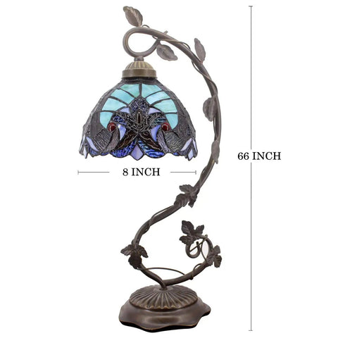 Stained Glass Tiffany Style Bedside Table Lamp With Metal Leaf Base, Cozy Reading Desk Light For Small Space Bedrooms And Home Office, Bronze Finish, 21 Inch Tall, UL Listed, On Off Cord Switch, with ornate bronze leaf design and blue-green stained shade.