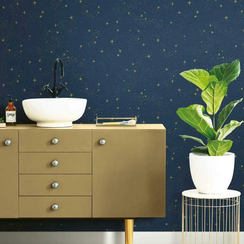 Upon A Star Navy And Metallic Peel And Stick Wallpaper For A Quick No Mess Makeover Great For Renters And Homeowners Removable