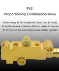 Tough And Slick Universal Brass Brake Proportioning Valve Disc Front Drum Rear For GM Ford Chevy Street Rods Muscle Cars Plus Classic Truck Rides Dual Reservoir Master Cylinder PV2 Model 1353 showing detailed design and connection points.