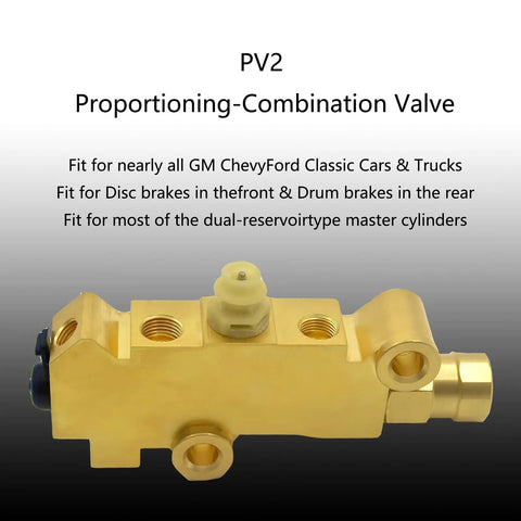 Tough And Slick Universal Brass Brake Proportioning Valve Disc Front Drum Rear For GM Ford Chevy Street Rods Muscle Cars Plus Classic Truck Rides Dual Reservoir Master Cylinder PV2 Model 1353 showing detailed design and connection points.