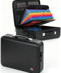 Built Tough Fireproof And Waterproof Document Safe Box With Lock For Papers Laptops And Passports, open with folders, black case.