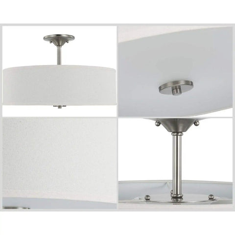 Inspire Close To Ceiling Nickel Flush Mount Light Fixture, modern metal design with minimalist brushed nickel and linen shade.