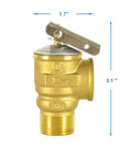 Front view of brass Hydro Master safety relief valve with 3/4 inch NPT thread, top lever, hot water 30 psi ASME