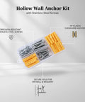 Hollow Wall Anchors And Stainless Steel Screws Kit For Drywall Mounting, yellow plastic anchors, and metal screws in a box.