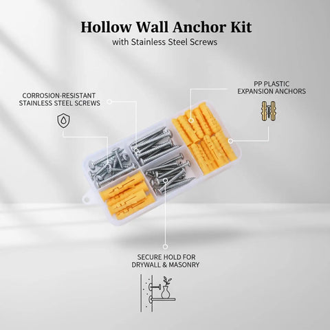Hollow Wall Anchors And Stainless Steel Screws Kit For Drywall Mounting, yellow plastic anchors, and metal screws in a box.