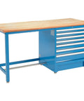 Deadly Smooth Heavy Duty Modular Workbench Table With Seven Deep Rolling Drawers And Genuine Maple Butcher Block Top, blue steel construction.
