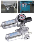 All In One Dual Unit Pneumatic Air Treatment System With Regulator, Filter, And Lubricator on metal machinery setup