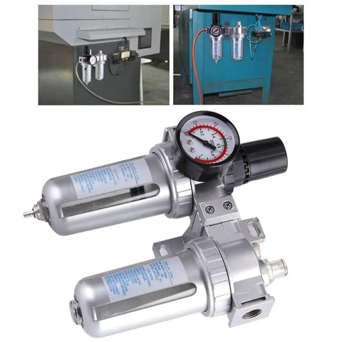 All In One Dual Unit Pneumatic Air Treatment System With Regulator, Filter, And Lubricator on metal machinery setup
