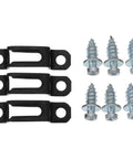 No Sweat Invisible Cabinet Connectors 150 Piece Set with three black fasteners and six steel screws for woodworking.