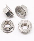 Badass Heavy Duty 304 Stainless Steel M10 X 1.25mm Hex Serrated Flange Nuts 30 Piece Set Bright Finish displayed from multiple angles.