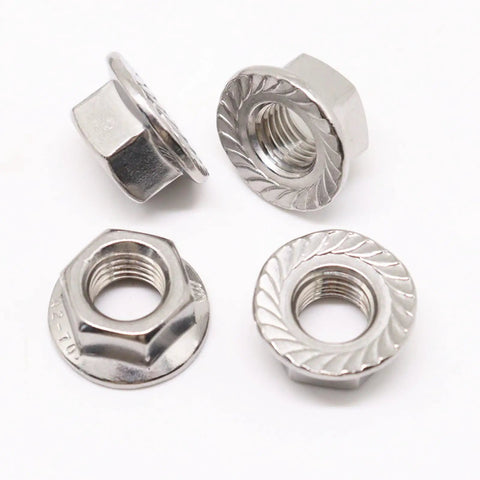 Badass Heavy Duty 304 Stainless Steel M10 X 1.25mm Hex Serrated Flange Nuts 30 Piece Set Bright Finish displayed from multiple angles.