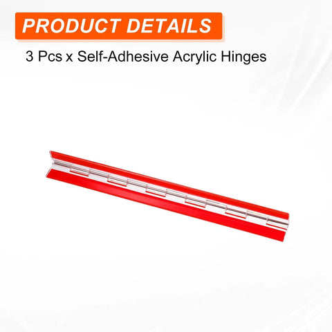 Premium Top Shelf Heavy Duty Invisible Acrylic Hinges With Rust Proof Stainless Steel Shaft Self Adhesive Continuous Piano Hinge Three Pack For Diy Kitchen Cabinets, clear self-adhesive hinge in red.