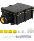 Outdoor IP68 Waterproof Junction Box 2 Way Weatherproof Electrical Enclosure For Underground Coaxial And Power Cables Fits 5 To 15mm Wires Black Tough As Nails Weatherproof Box with screws, caps, and screwdriver