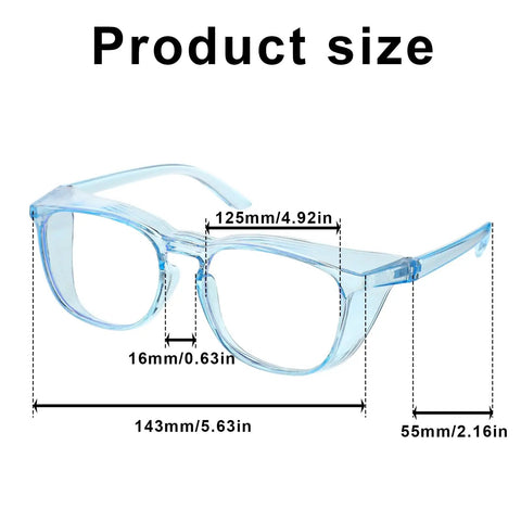 Product size diagram of Four Pack Clear Safety Glasses Anti Fog Nursing Goggles Anti Scratch Square Protective Eyewear.
