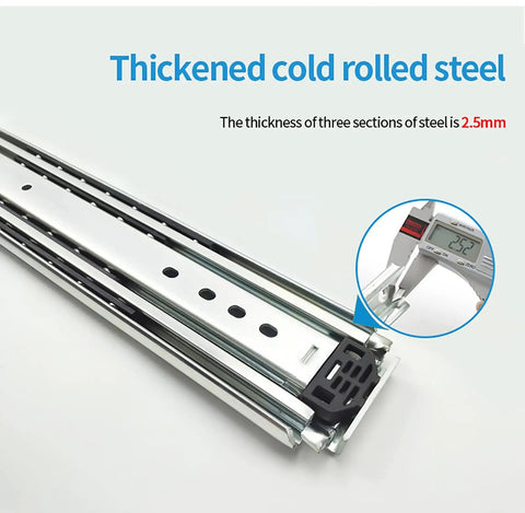 Heavy Duty Full Extension Drawer Slides Featuring Triple Ball Bearing Rails, Smooth As Silk Glide Action, Built Tough To Handle Massive Weight, 800 Millimeter Steel Tracks For Cabinet And Tool Storage with 2.5mm thick cold rolled steel.