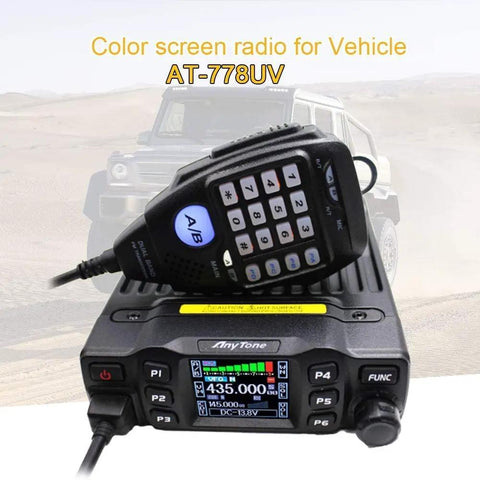 AT-778UV UHF and VHF 25W Mobile Radio Transceiver for Ride-Ready Car and Base shown with keypad microphone and color display