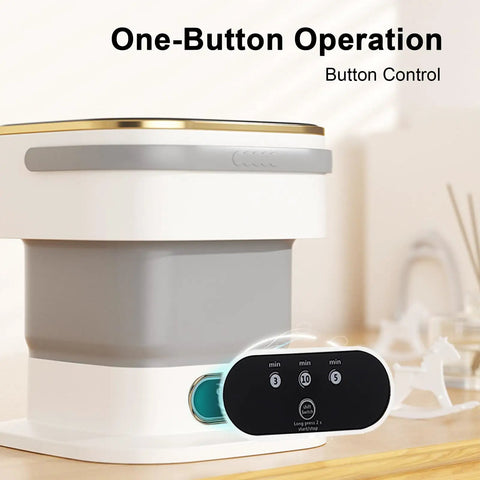 Portable Folding Mini Washer With Spin Dryer Combo 20 Liter Capacity showing one-button operation and control panel.