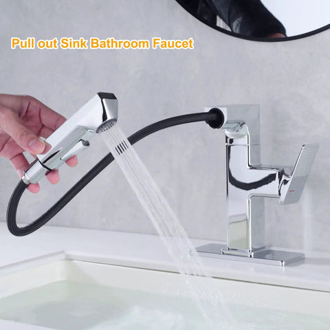 LED Temperature Display Bathroom Faucet With Pull Out Sprayer Chrome Single Handle RV Vanity Faucet In Use