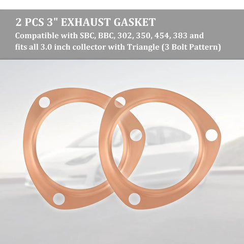 Two Pack 3 Inch Copper Exhaust Flange And Collector Gasket For SBC And BBC Engines Direct Fit Heavy Duty 3 Bolt Pattern