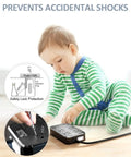 Child playing near Weatherproof Outdoor Power Strip With Six Wide Outlets And Three USB Ports Including USB-C 10 Ft Extension Cord 1875W Surge Protector 9-In-1 Power Hub For Christmas Lights ETL Listed Overload Protection Black, showcasing safety features.