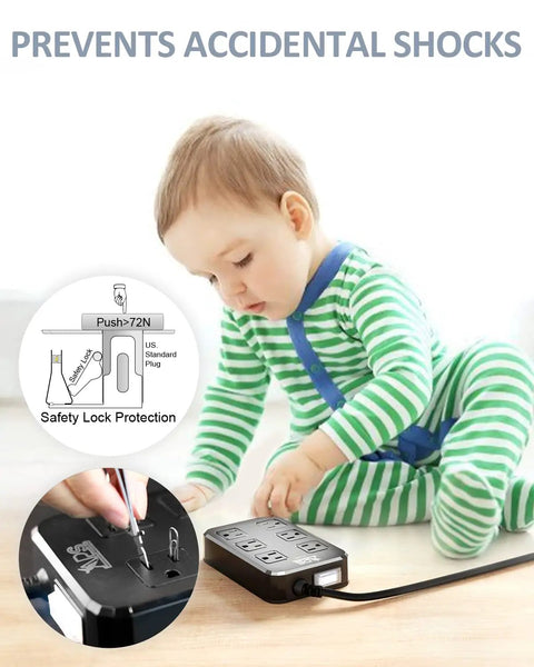 Child playing near Weatherproof Outdoor Power Strip With Six Wide Outlets And Three USB Ports Including USB-C 10 Ft Extension Cord 1875W Surge Protector 9-In-1 Power Hub For Christmas Lights ETL Listed Overload Protection Black, showcasing safety features.