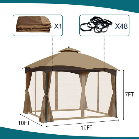 Universal Replacement Mosquito Netting For 10 By 10 Gazebo With 4 Panel Screen Walls And Zippers in khaki polyester, shown installed.