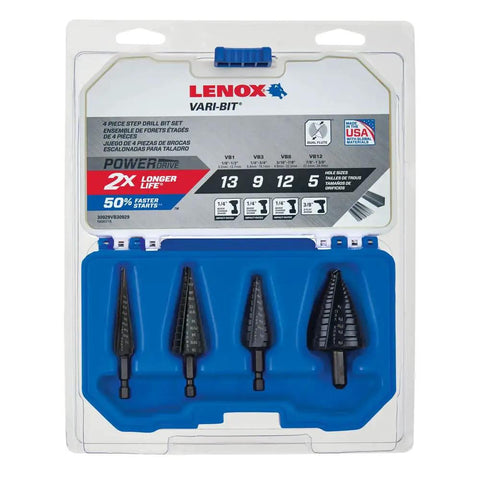 Vari Bit Step Drill Bit Set, 4 Piece HSS With Steam Oxide Finish, 28 Hole Sizes From 1/8 In To 1-3/8 In in packaging