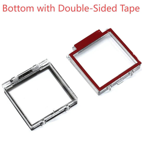 Two Pack 55mm Dustproof Button Switch Cover Protector With Sticker And Double Sided Tape For PC Computer Desktop Industrial Power Switches And Control Panels Square Shield showing open case with tape backing.