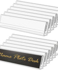 Clear Acrylic Desk Name Plates 12 Pack With Horizontal Slant Back 2x8 Sign Holders for Table Displays and Events
