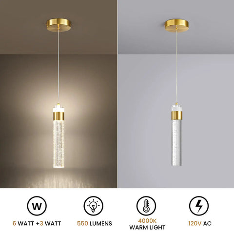 Gold Crystal Pendant Light For Kitchen Island, 4000K LED Modern Adjustable Chandelier, Hanging Bubble Pendant Fixture