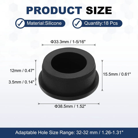 18 Piece T Shaped Silicone Plugs Kit 33.3mm Diameter Easy Snap In Hole Seals size dimensions and material