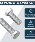 Two 304 stainless steel hex-head bolts with full threads