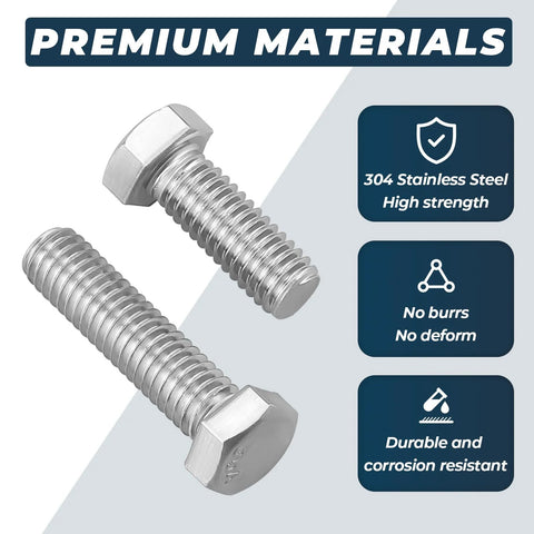 Two 304 stainless steel hex-head bolts with full threads