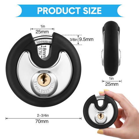 10 Pack 70 mm Keyed Alike Disc Padlocks Outdoor Round Stainless Steel Tough Built To Last With Keys for various uses