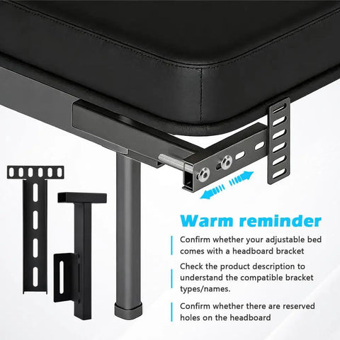 2 Pack Heavy Duty Adjustable Headboard Brackets For Metal Bed Frame With Universal Footboard Extension Kit Fits Queen King Twin shown attached to bed frame.