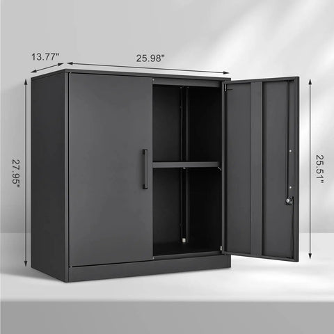 Lockable Steel Wall Mounted Cabinet, 28 Inch High, Two Door Metal Storage Locker open view with dimensions indicated.