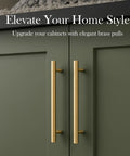Heavy Duty 5 Pack Solid Brass Cabinet Pulls With Brushed Gold Finish and Smooth As Butter Drawer Handles on green cabinets.