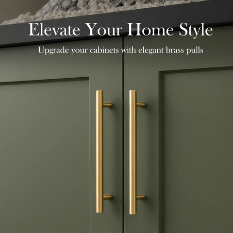 Heavy Duty 5 Pack Solid Brass Cabinet Pulls With Brushed Gold Finish and Smooth As Butter Drawer Handles on green cabinets.
