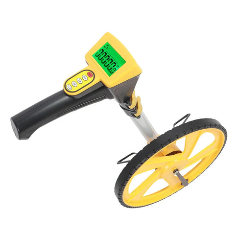 Badass Digital Measuring Wheel Telescoping Handle Up To 99999 Feet Meters Walking Survey Tool With Bright Screen And Data Storage Easy Roll For Landscaping Jobs, showing wheel and digital display.