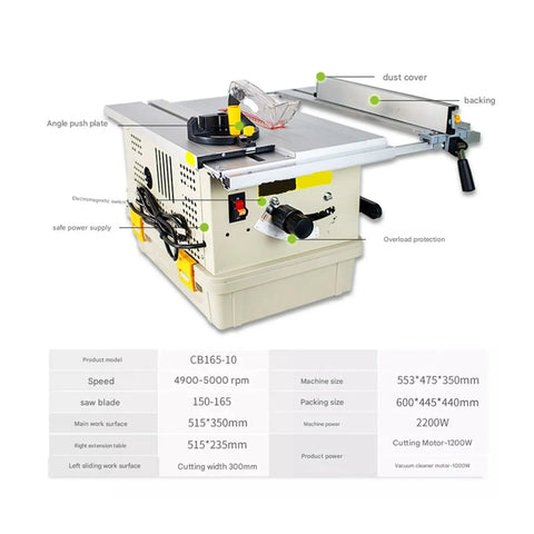 Portable Sliding Table Saw Station Dustless Woodcutting Machine High Torque Motor Garage Shop Favorite For Butter Smooth Precision Cuts with dust cover and angle push plate.