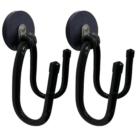 2 Pack Heavy Duty Magnetic Garage Hooks with Rubber Coated Magnets, no drill wall hangers, black steel for tools, indoor outdoor use