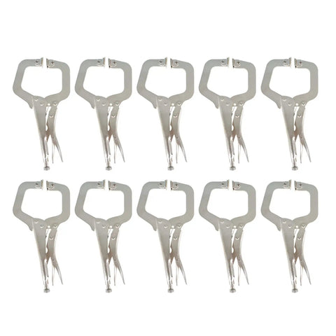 10 Piece 11 Inch Locking C Clamps With Swivel Pads, Heavy Duty C Type Locking Pliers in a row, suitable for woodworking and metalworking.