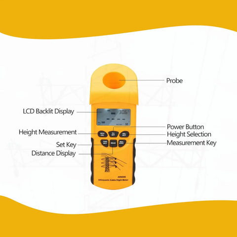 Six Cable Height Meter with AR600E LCD Display showing control buttons and probe, suitable for electrical lines and other measurements