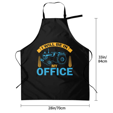 Black adjustable bib apron with pockets, 70cm wide x 84cm long, tractor design, 'I Will Be in My Office' text, for cooking and gardening use.