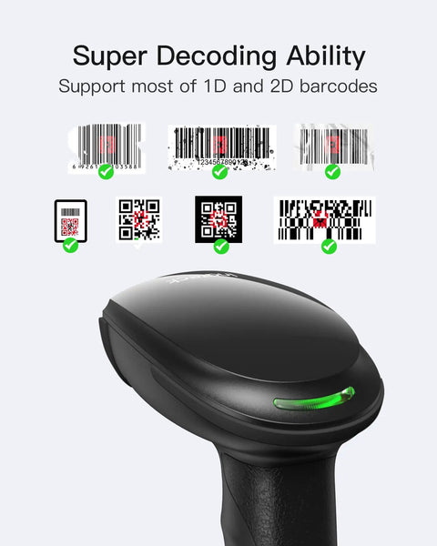 2D Barcode Scanner With Smart Stand, Wireless QR Code Scanner showing decoding performance for 1D and 2D barcodes, BCST 35 Dark Gray.