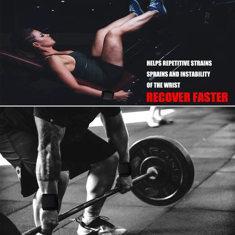 Woman doing leg press and man weightlifting wearing 2 Pack Adjustable Wrist Support Brace For Carpal Tunnel Relief.