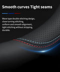 Close-up of Roll Smooth Premium Leather Steering Wheel Cover Custom Fit For GMC Models Featuring Dope Red Blue Contrast Stitching.